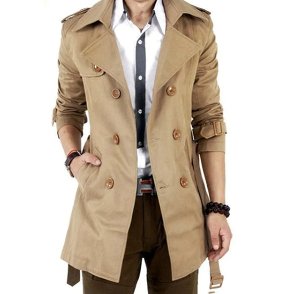 Elegant Mid-Length Double-Breasted Trench Coat for Men - Stylish Autumn and Winter Casual Outerwear in Solid Color with Turn-Down Collar